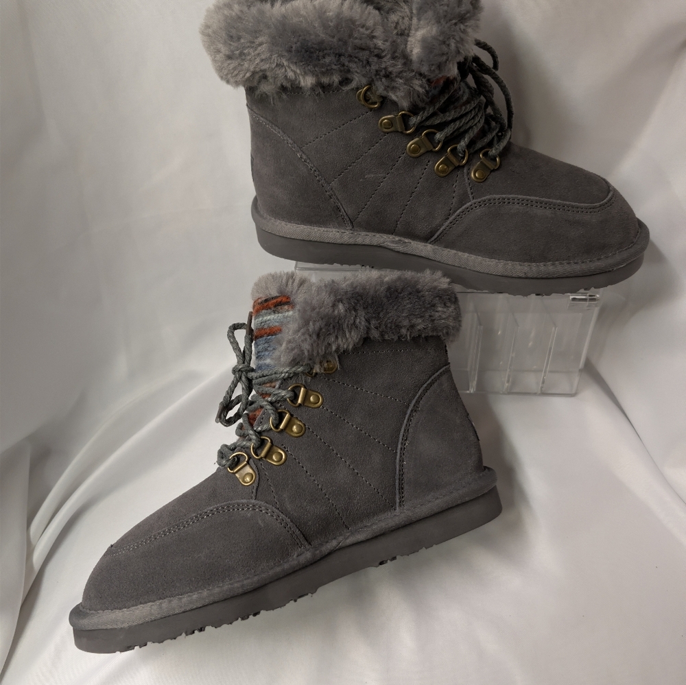 Lamo Winter Suede Boots Gray Splash Proof Size 7 Comfort Foot Faux Fur NIB - Picture 11 of 13